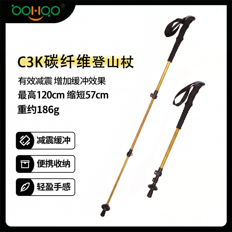博皓 C3K碳纤维登山杖 超轻186g 两节伸缩 户外徒步手杖 便携减震爬山杖防滑