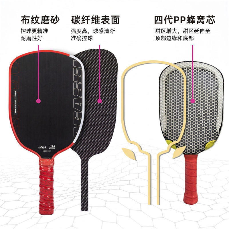博皓BOHAO AGASSI PRO热压一体成型碳纤维匹克球拍 阿加西同款专业级T700碳纤维匹克球拍 防滑手柄大甜区 -5